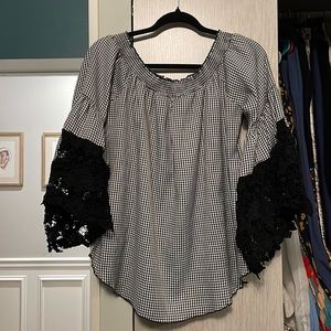 Houndstooth and lace off the shoulder blouse